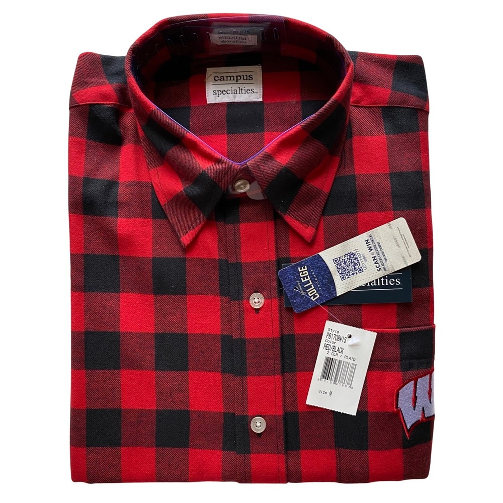 Campus Specialties Wisconsin Badgers Flannel Shirt Mens Medium‎ Red Black Plaid